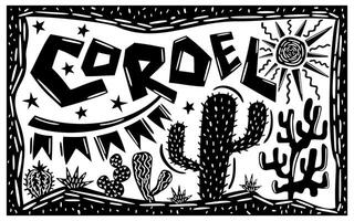 Brasilian cordel style. Desert landscape elements. Cacti, succulents, sun and stars. Woodcut style vector