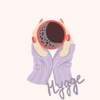 Vector illustration in soft warm colors of woman's hands in knitted lavender gloves holding red cup of coffee matching red nail design. Top view, hygge text