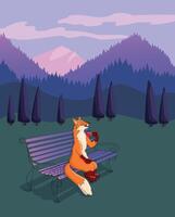 Hand drawn cartoon fox sitting on a bench with the mountain view and drinking coffee. Vector illustration