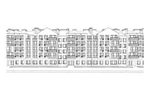 Multistory building facade, detailed architectural technical drawing, vector blueprint