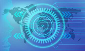 resumen tecnología concepto brillante azul web bandera. vector modelo con circuito junta, engranaje y mundo mapa