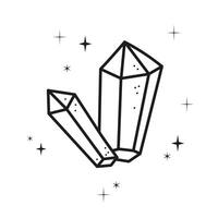 Magic healing crystals with stars shine hand drawn ink sketch vector illustration in outline style. Line art doodle gemstones stone, jewellery and diamonds, mystical gem and sequins, design element