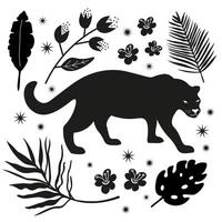 Panther and exotic plants decorative set doodle hand drawn flat vector illustration isolated background Tropical motif. Card design with silhouette wild predatory cat animal with savannah flowers leaf