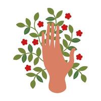 Hand and plants hand drawn flat vector illustration isolated background. Hand palm hand close nature from pollution, save the planet, save energy, concept for Earth Day. Design element for card, print