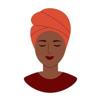 Afro American beautiful girl portrait wearing turban headdress hand drawn flat vector illustration, isolated background silhouettes of ethnic south african character, design element for card, print