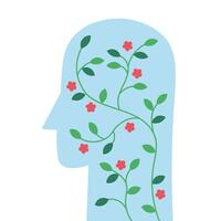 Human head design with character profile silhouette with plant branches with flowers hand drawn flat vector illustration isolated background. Medical concept vagus nerve, mental health, psychological