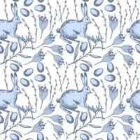 Easter seamless pattern repeating background with bunny, willow flowers, Easter eggs ink sketch with engraving hand drawn vector illustration festive design for print, card, paper, textile, wrapping