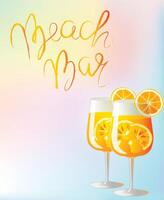 Beach bar poster ad with aperol cocktails and hand drawn lettering and negative space vector