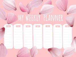 Romantic pink weekly planner with falling sakura petals. Vector stationary template