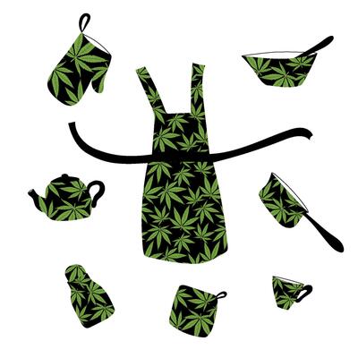 Hand drawn black kitchenware set with marijuana leaves