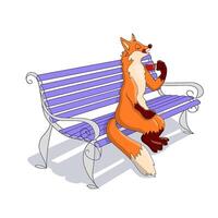 Hand drawn cartoon fox sitting on a bench in the park and drinking coffee. Vector illustration