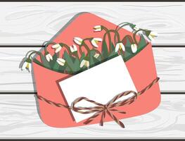 Vector illustration of hand drawn snowdrops in trendy coral envelope with blank message note