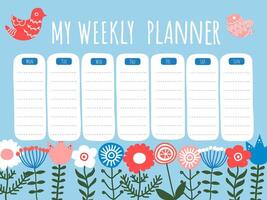 Vector springtime ethnic floral hand drawn weekly planner, schedule template.