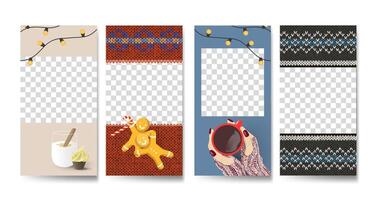 Vector set of Knitted Christmas social media stories design templates, party  background layout