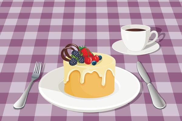 Vector illustration of hand drawn cupcake with coffee on the violet checkered tablecloth