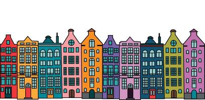 Seamless border of colorful old hand drawn european multistory buildings. vector