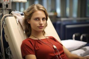 AI generated Young woman blood donor lying on a medical procedure in a clinic and looking at camera. Blood donation help photo