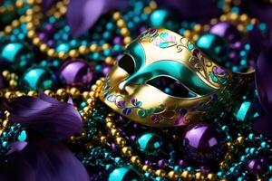 ai generado mardi gras carnaval máscara acostado en decoraciones, tradicional mascarada foto