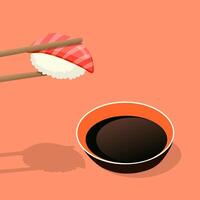 Hand drawn vector still life of chopsticks with a sushi and a bowl of soya sauce