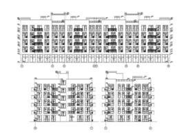 Multistory building facades, detailed architectural technical drawing, vector blueprint