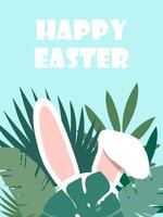 Happy Easter hand drawn vector card with easter bunny hiding behind leaves.