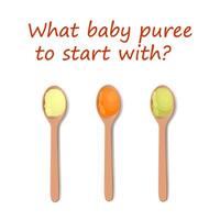 Green, yellow and orange baby purees in wooden isolated spoons. Vector, hand drawn vector