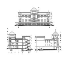 Multistory building facades, detailed architectural technical drawing, vector blueprint