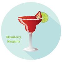 Hand drawn vector of strawberry Margarita alcohol tequila and triple sec cocktail with a citrus lime slice decoration with salt on the rim of glass, in a blue circle with a long shadow and text