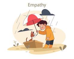 Empathy concept. Boy shields a cat from rain, illustrating kindness and compassion vector
