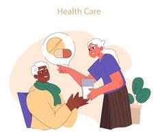 Health care. Elderly woman assisting partner with medication, a tender vector