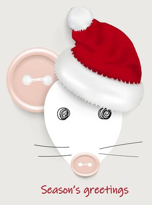 Handmade greeting vector card  of a mouse with realistic sewing buttons and santa's hat and Seasons greetings lettering. Chinese new year