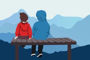 Two kids sitting on a bench and admiring the scenery of mountains, back view, vector