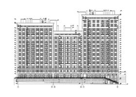 Multistory building facade, detailed architectural technical drawing, vector blueprint