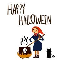 Halloween hand drawn vector illustration with funny witch and a black cat cooking poison