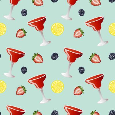 Hand drawn vector seamless pattern of strawberry Margarita alcohol cocktail with a citrus lemon slices and blackberries
