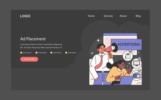 Ad placement process captured with marketers strategizing and executing vector