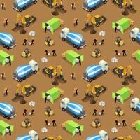 Seamless vector isometric pattern of a construction site with building machinery and equipment