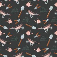 Seamless vector pattern of garden tools and plants hand drawn elements over black