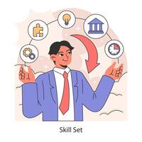 Skill set. A professional juggles multiple skills for career versatility. Strategic vector