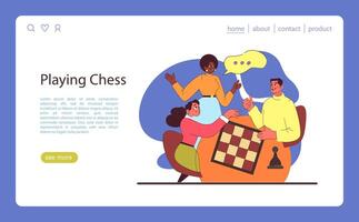 Chess game concept. Engaged trio enjoys strategic gameplay, celebrating intellectual challenge vector