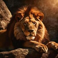 ai generado león descansando en contra un rock en el calentar luz de sol, suave ligero foto