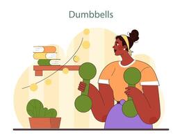 Dumbbells exercise illustration. A woman with dumbbells in hand engages in strength training at home. vector