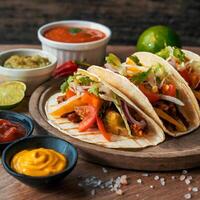 ai generado mexicano tacos con vegetales y salsas en el mesa foto