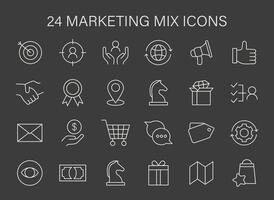 Marketing Mix icon set. Symbols represent strategic components like targeting, global reach, and customer service. vector