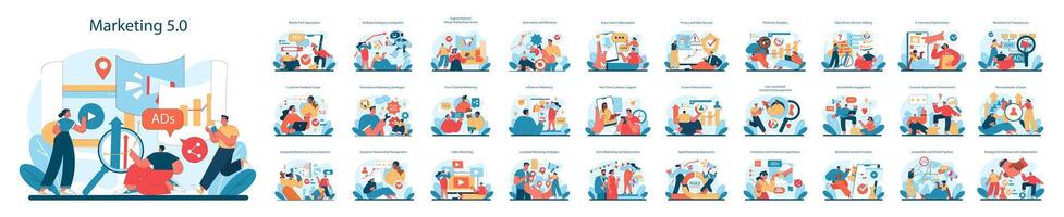 Marketing 5.0 set. A collection showcasing modern marketing strategies vector