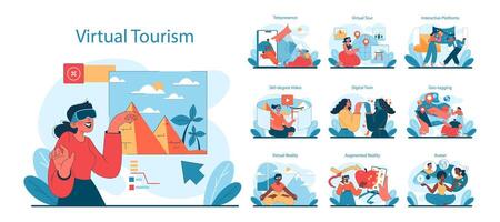 Virtual Tourism set. Exploring ancient wonders to modern cities via immersive tech. vector