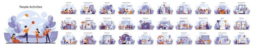 A diverse collection captures individuals and families immersed in hobbies and tasks vector