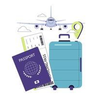 de viaje por avión. pasaporte, embarque aprobar, y equipaje preparado vector