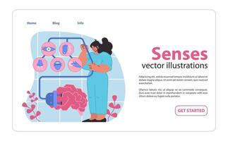 Senses concept illustration. A visual exploration of the five senses connected to brain function. vector