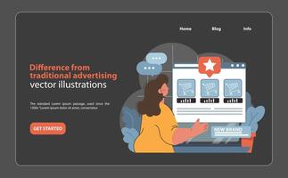 un anunciante Destacar el distintivo caracteristicas de un nuevo de la marca en línea presencia. vector